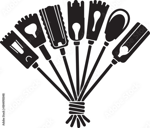 Diverse set of tools for cleaning and maintenance, presented in a stylized silhouette vector design on a transparent background