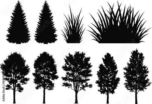Diverse set of high-quality plant silhouettes including deciduous trees, conifers, and grass