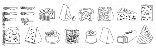 Cheese illustration cartoon hand drawn line set. Different types of cheese contour Brie, Camembert, Swiss cheese with holes, Parmesan. Vector coloring book doodle design for food or dairy projects