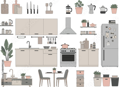 A comprehensive illustration of modern modular kitchen elements and home appliances