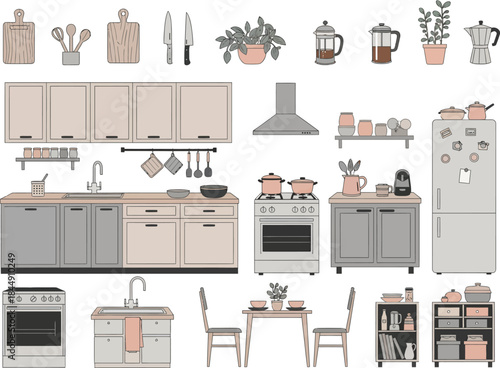 A comprehensive collection of modern kitchen furniture, appliances, and utensils for interior design.