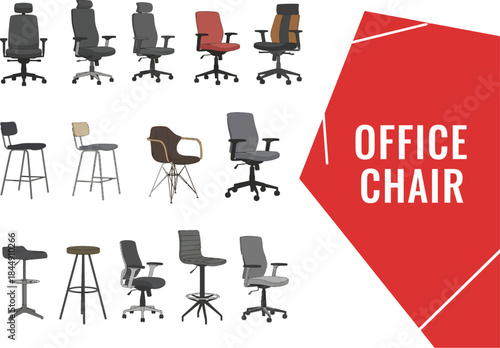 A diverse collection of modern office chairs and bar stools on a white background
