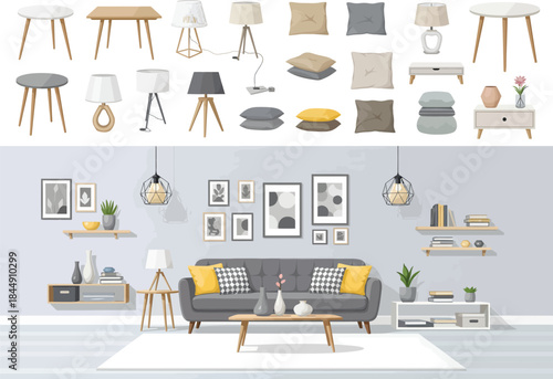 Modern furniture and home decor collection for contemporary living room interior