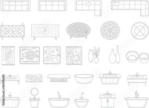 A collection of technical drawings for interior design elements and home fixtures