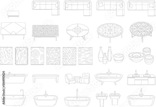 An array of technical line drawings showcasing furniture and bathroom fixtures for interior design blueprints