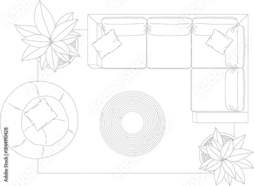 Floor plan layout drawing showing living room furniture arrangement from a top-down perspective