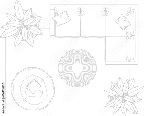 Black and white top view layout of a living room featuring a corner sofa and coffee table