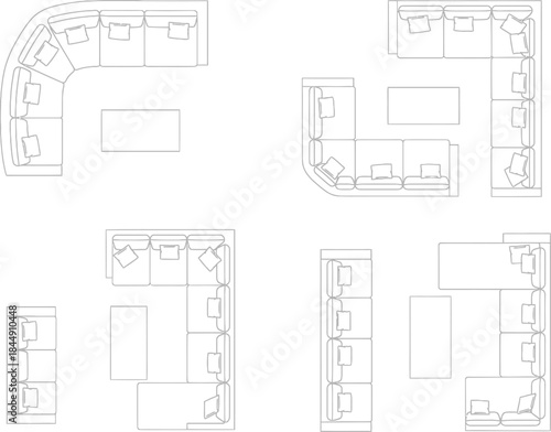Various floor plan layouts of sectional sofas and modular furniture arrangements