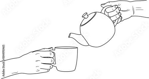 A hand pours a drink from a teapot into a mug held by another hand in a simple line drawing