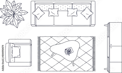 A top-down architectural blueprint of modern living room furniture arrangement