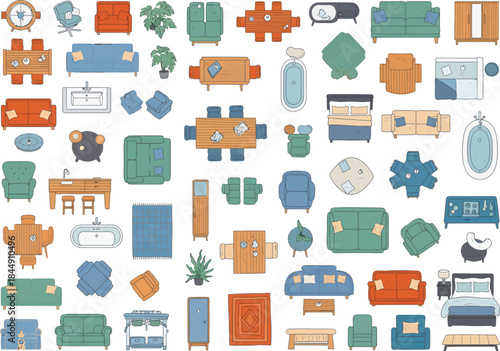 A large collection of colorful furniture and home decor items from a top view perspective