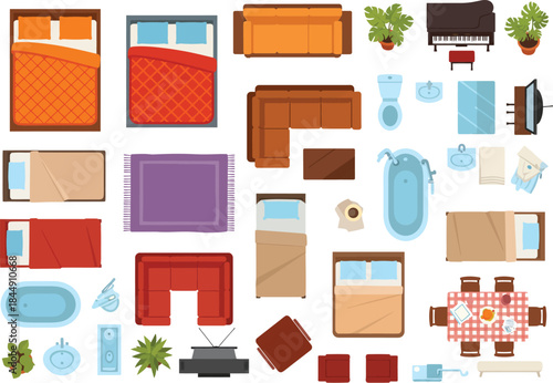Top view illustrations of various furniture and household items for interior design plans