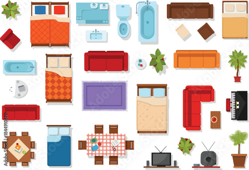 A diverse collection of home furniture and appliances viewed from a top-down perspective