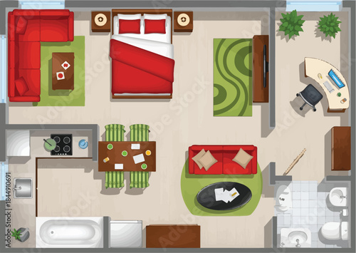 A detailed 2d overhead floor plan illustration of a modern apartment layout