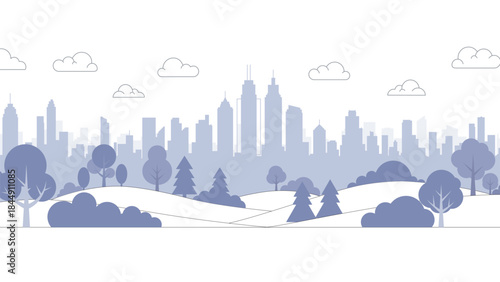 A serene cityscape silhouette with rolling hills and fluffy clouds above