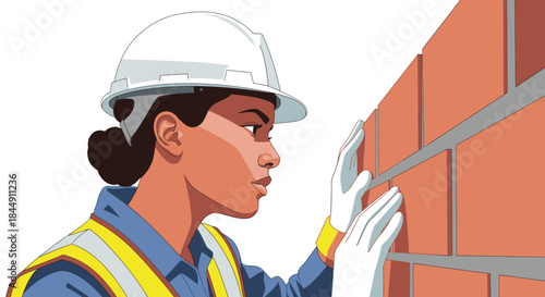 A focused female construction worker, wearing a hard hat and safety vest, meticulously inspects a brick wall, symbolizing dedication and skilled craftsmanship.