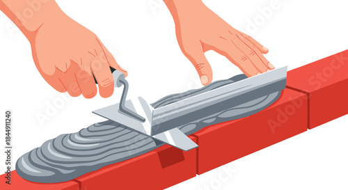 Skilled hands meticulously spread and level grey cement mortar onto a foundation of vibrant red bricks, illustrating essential building techniques for construction.