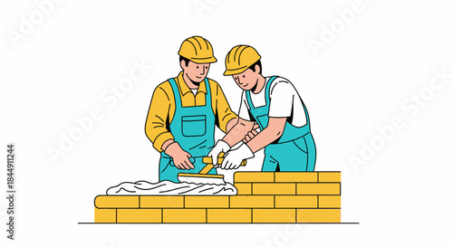 Two diligent construction workers, wearing protective hard hats, meticulously lay bricks with mortar to erect a sturdy wall, showcasing skilled craftsmanship in building.