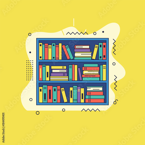 Colorful Bookshelf Illustration with Varied Book Arrangements and Vibrant Colors.