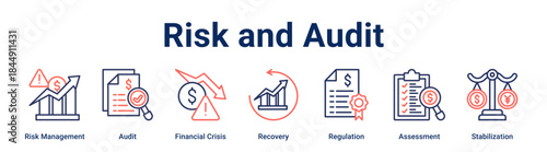 Risk and Audit banner web icon vector illustration concept for business with icon of Risk Management, Audit, Financial Crisis, Recovery, Regulation, Assessment.