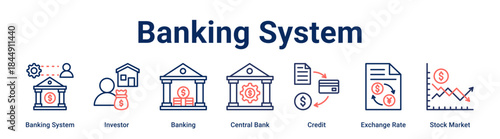 Banking System banner web icon vector illustration concept for business with icon of Banking System, Investor, Banking, Central Bank, Credit, Exchange Rate, Stock.