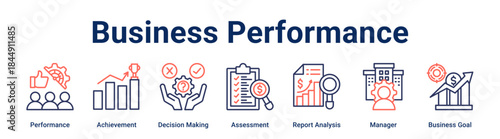 Business Performance banner web icon vector illustration concept for business with icon of Performance, Achievement, Decision Making, Assessment, Report Analysis, Manager, Business.