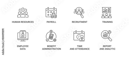 Human Resources Information System icon set containing human resources, payroll, recruitment, training, employee data, benefit administration, time and attendance, report and analytic vector icons