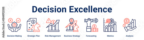 Decision Excellence banner web icon vector illustration concept for business with icon of Decision Making, Strategic Plan, Risk Management, Business Strategy, Forecasting, Metrics.