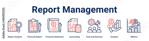 Report Management banner web icon vector illustration concept for business with icon of Report Analysis, Financial Report, Financial Statement, Accounting, Cost and Revenue, Analysis.