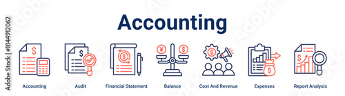 Accounting banner web icon vector illustration concept for business with icon of Accounting, Audit, Financial Statement, Balance, Cost And Revenue, Expenses, Report Analysis.