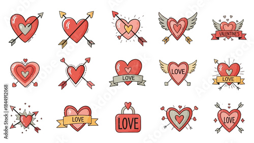 Fifteen handdrawn doodlestyle red heart illustrations with arrows wings and banners