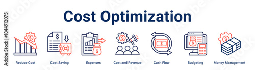 Cost Optimization banner web icon vector illustration concept for business with icon of Reduce Cost, Cost Saving, Expenses, Cost and Revenue, Cash Flow, Budgeting, Money.