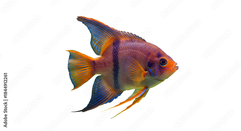 Fototapeta premium Colorful Tropical Fish with Vibrant Orange Blue Fins Swimming in Dark Water