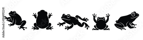 Set of 5 Frogs Silhouettes in Different Poses on White Background