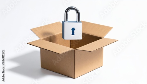 Secure Package: A conceptual image illustrating security and protection, featuring a padlock hovering above an open cardboard box. Symbolizing the safety and privacy of enclosed items.