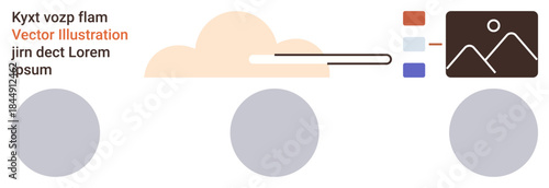 Cloud storage, data transfer, file sharing, digital services, technology visualization, communication. A cloud with a connecting line leading to an image icon and color codes. Cloud storage and data