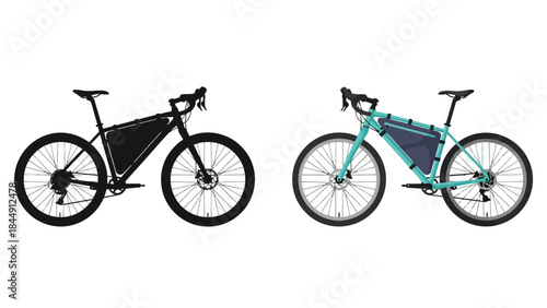 Two gravel bikes presented with different color schemes and frame bag details