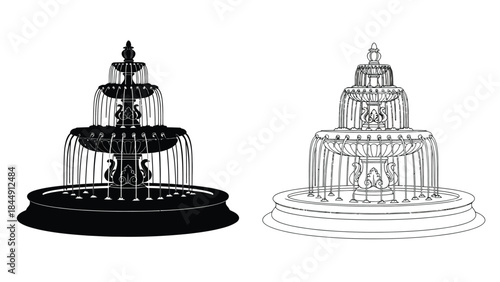 Detailed line art depictions of two tiered ornamental fountains with varying contrast