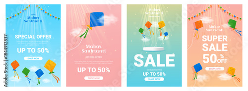 Happy Makar Sankranti sale vertical flyer set design. Special offer 50 percent off discount for holiday season template with colorful flying kites. Vector illustration