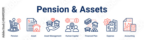 Pension & Assets banner web icon vector illustration concept for business with icon of Pension, Asset, Asset Management, Human Capital, Financial Plan, Expense.