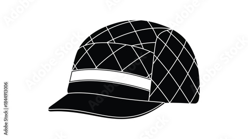 A black and white illustration of a vintage cycling cap with a structured design