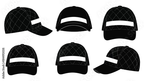 A collection of black baseball caps in various orientations and styles