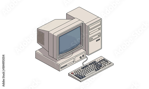 Retro 1990s Desktop Computer with CRT Monitor and Keyboard - Vintage Technology