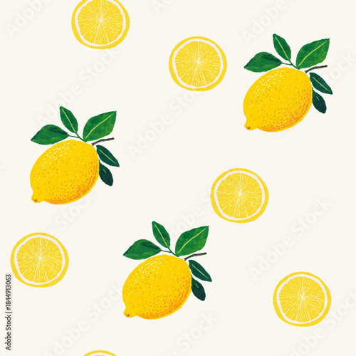 ミニマムな手描きレモンと輪切りレモンのシームレス背景パターン