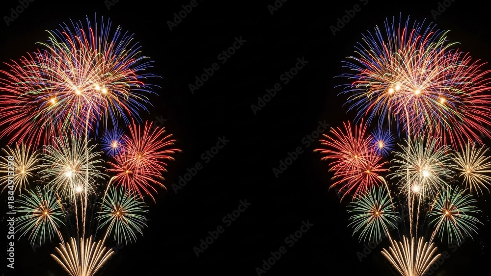 Fototapeta premium Vibrant Fireworks Explode in Night Sky with Colorful Bursts of Light and Energy
