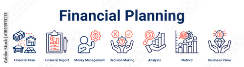 Financial Planning banner web icon vector illustration concept for business with icon of Financial Plan, Financial Report, Money Management, Decision Making, Analysis, Metrics, Business.
