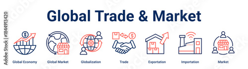 Global Trade & Market banner web icon vector illustration concept for business with icon of Global Economy, Global Market, Globalization, Trade, Exportation, Importation.