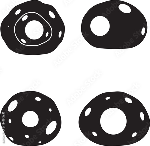 Modern abstract vector silhouettes of organic cell shapes with internal negative space circles, perfect for contemporary design elements and transparent backgrounds