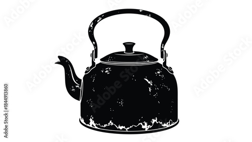 Vintage black and white illustration of a classic metal teapot with handle