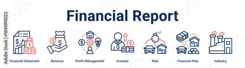 Financial Report banner web icon vector illustration concept for business with icon of Financial Statement, Revenue, Profit Management, Investor, Risk, Financial Plan.